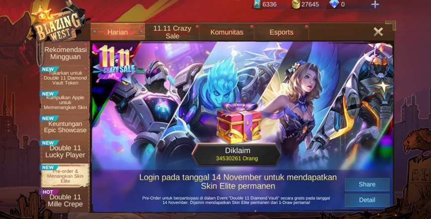 Cara Dapatkan Skin Gratis Mobile Legends Dari Event Double Diamond