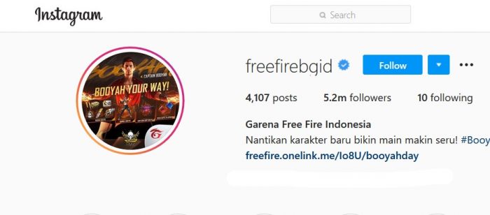 Free Fire Indonesia's Instagram account