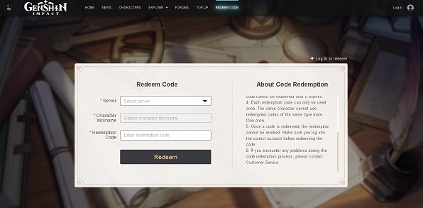 genshin impact redeem code