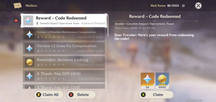 Kode Redeem Genshin Impact Terbaru 24 Desember 2020 Spin