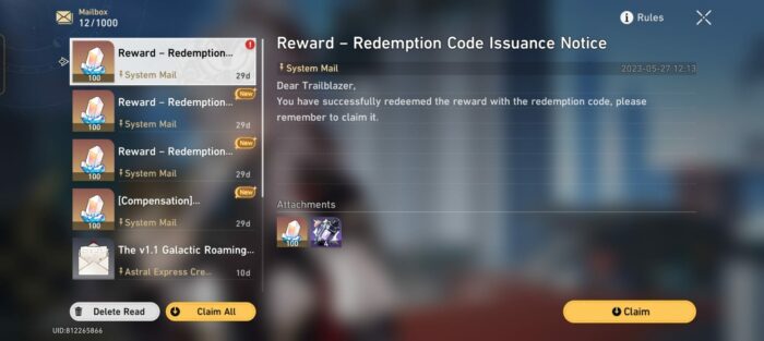 HSR redemption code