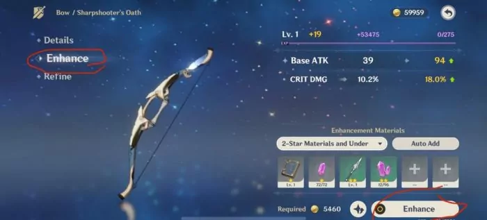 Tap Enhance Icon untuk memulai enhance senjata