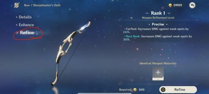 Tap tombol Refine untuk mulai refine weapon
