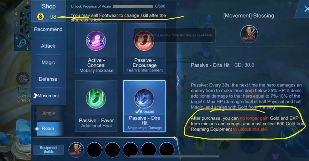 cara membuka efek aktif item roam mobile legends mlbb 2021