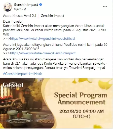 Live Streaming Genshin Impact 2.1