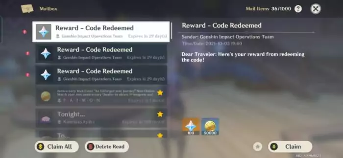 Kode Redeem Genshin Impact 3 Oktober
